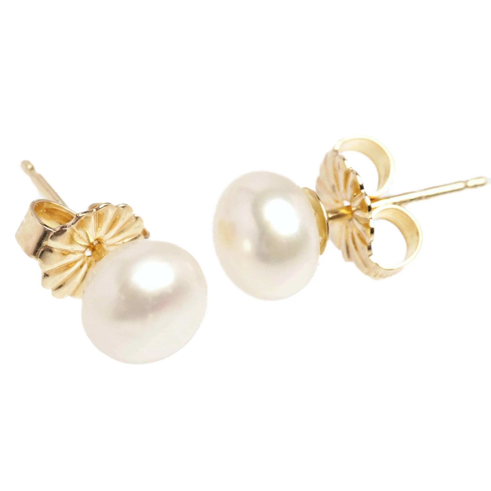 Pearl Button Earrings | AAA 10.5mm Natural White Freshwater Cultured | 14k Yellow Gold Posts