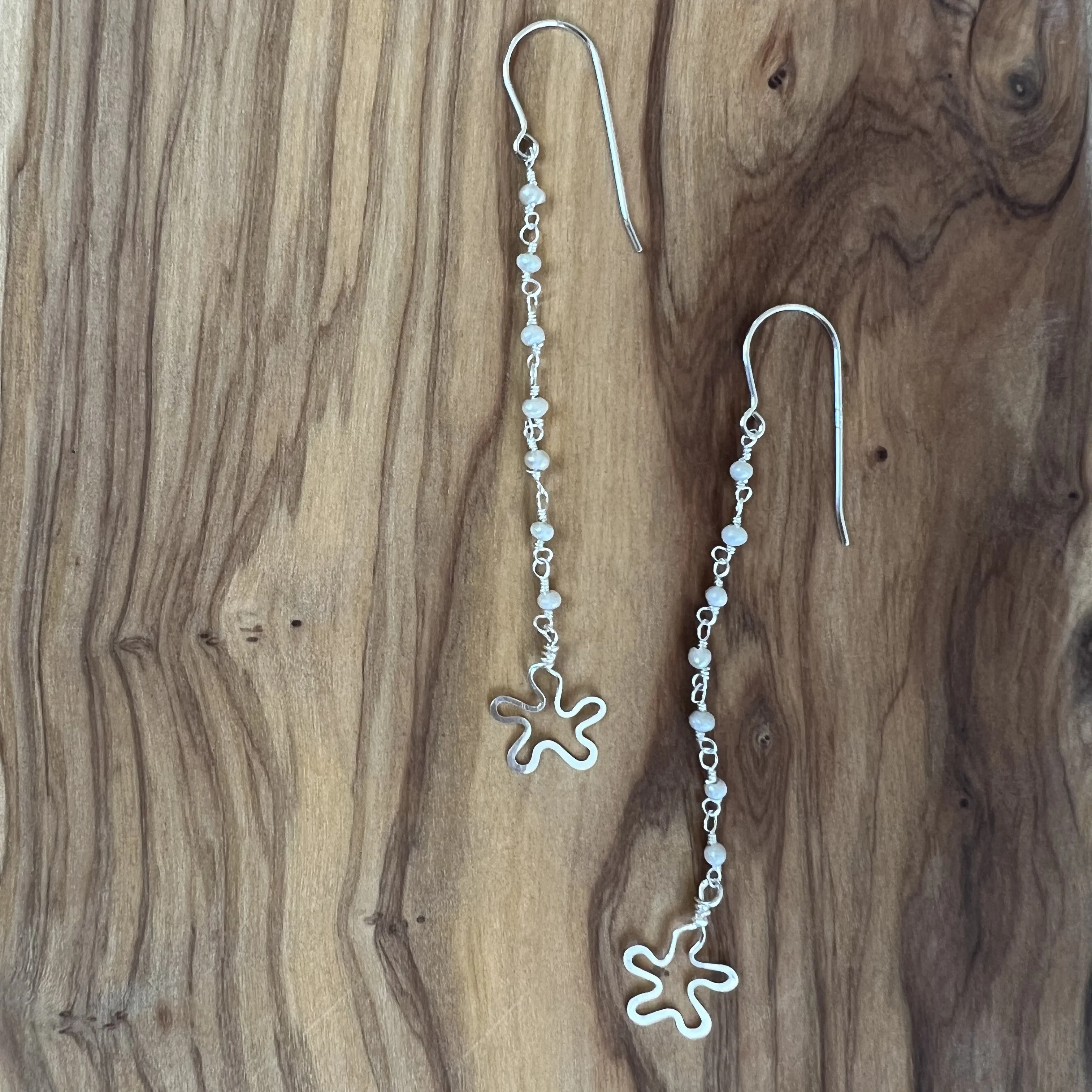 Pearl Long Tiny Flower Earrings