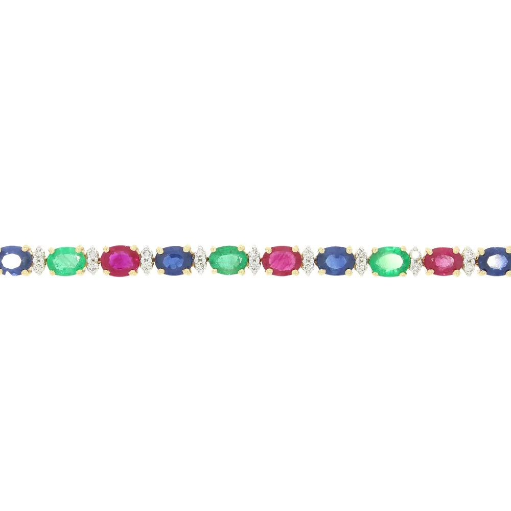 Pre Owned 18ct Yellow Gold Ruby Emerald Sapphire and Diamond Line Tennis Bracelet