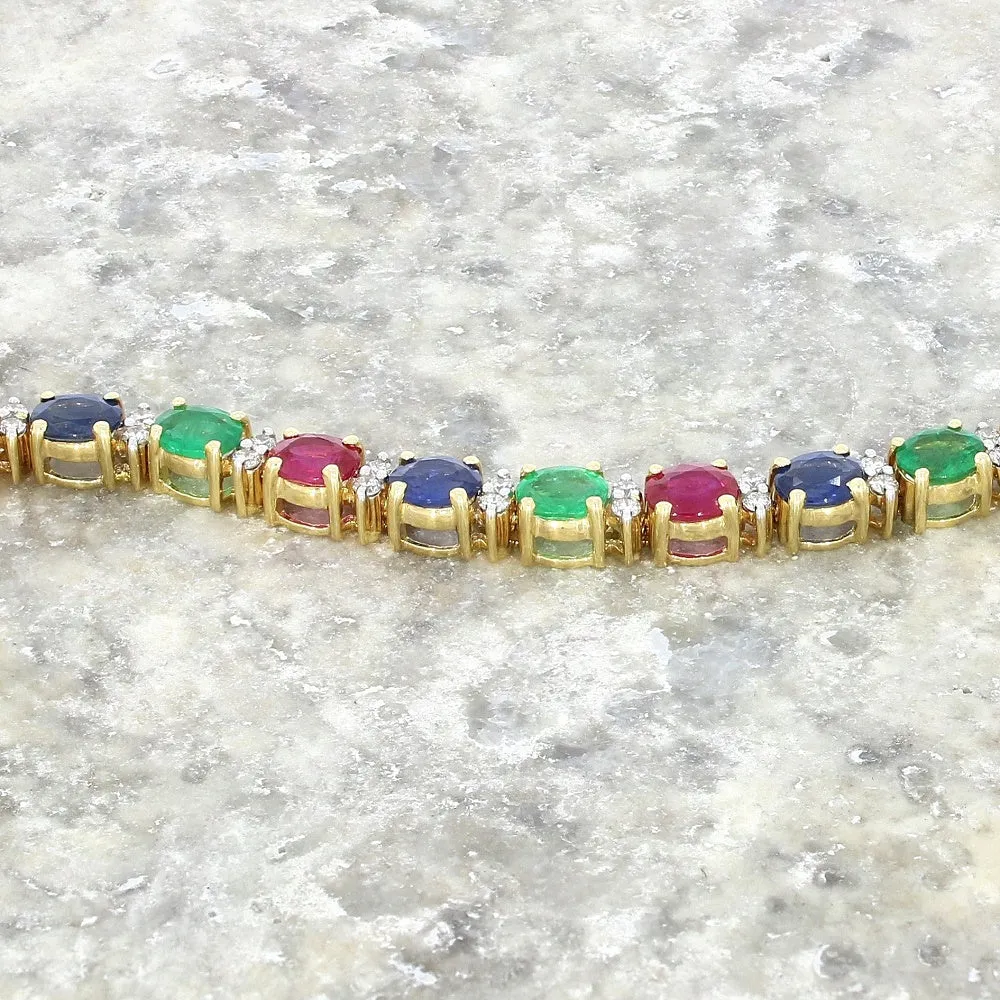 Pre Owned 18ct Yellow Gold Ruby Emerald Sapphire and Diamond Line Tennis Bracelet