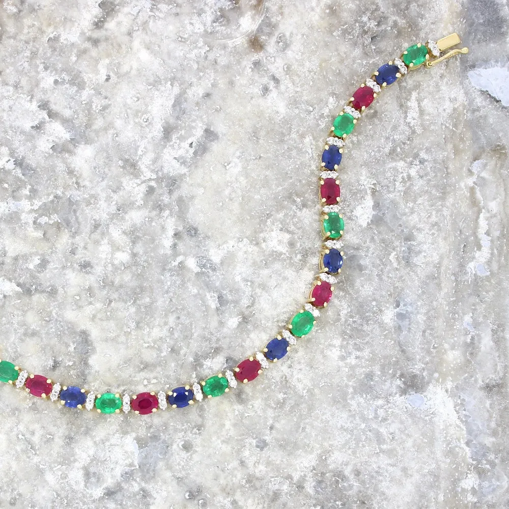 Pre Owned 18ct Yellow Gold Ruby Emerald Sapphire and Diamond Line Tennis Bracelet