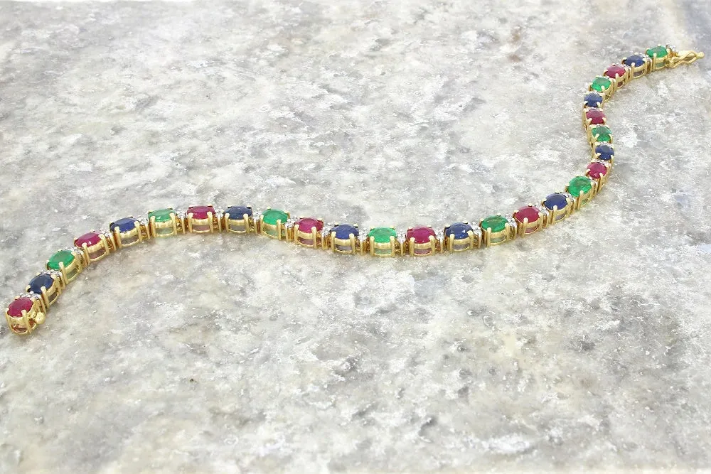 Pre Owned 18ct Yellow Gold Ruby Emerald Sapphire and Diamond Line Tennis Bracelet