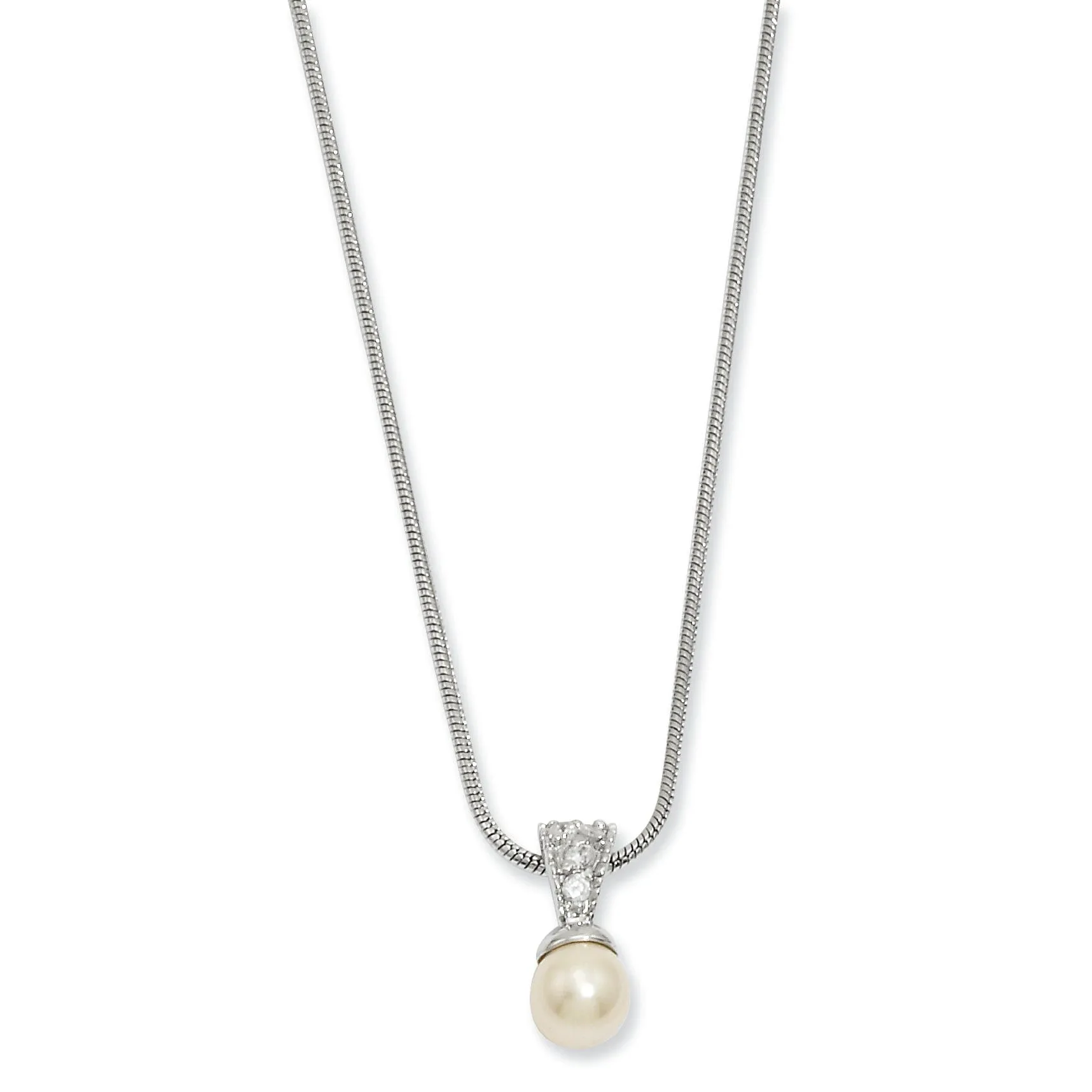 Rhodium Plated Glass Pearl Cubic Zirconia Necklace