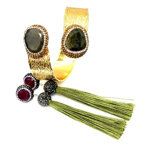 Ruby & Olive Tassel Labradorite Gold Wraparound Adjustable Cuff Bracelet Set