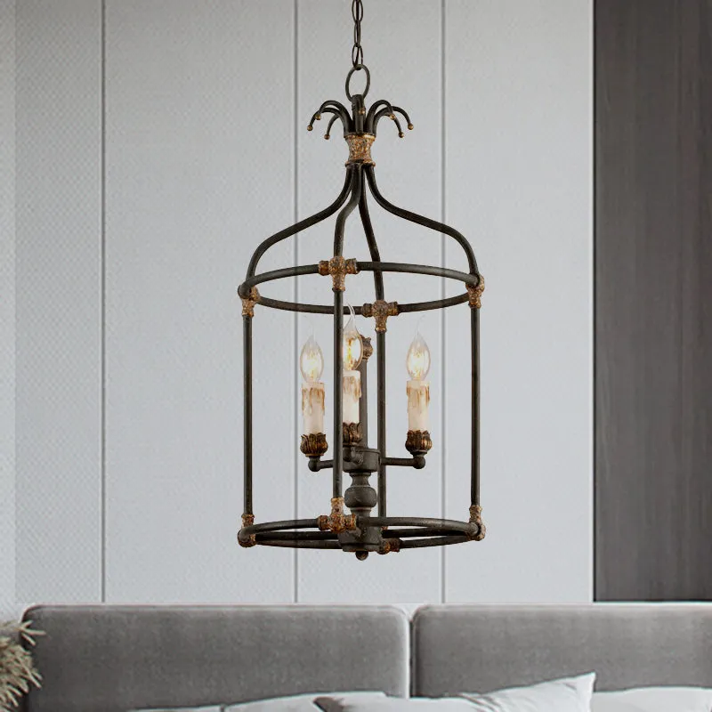 Rustic Birdcage Chandelier: Living Room Lighting Pendant Lamp | Metallic Black & Gold | 3-Bulb