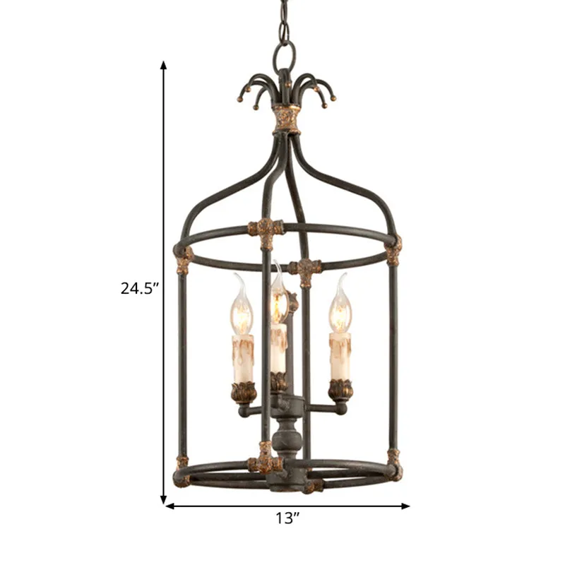 Rustic Birdcage Chandelier: Living Room Lighting Pendant Lamp | Metallic Black & Gold | 3-Bulb