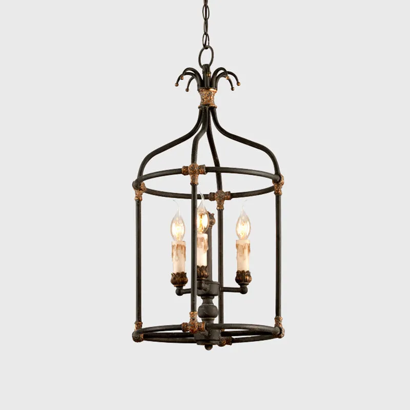 Rustic Birdcage Chandelier: Living Room Lighting Pendant Lamp | Metallic Black & Gold | 3-Bulb