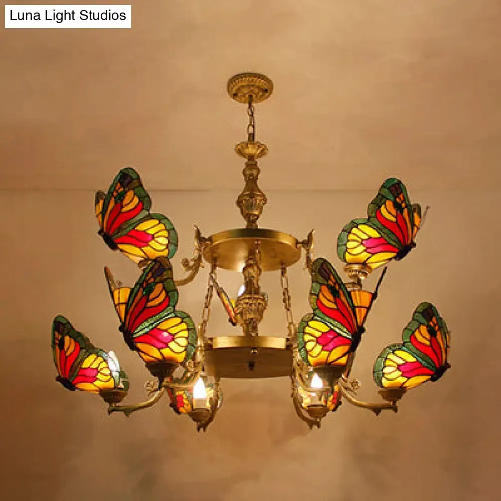 Rustic Lodge Butterfly Chandelier: 9-Light Stained Glass Pendant in Red/Blue for Foyer