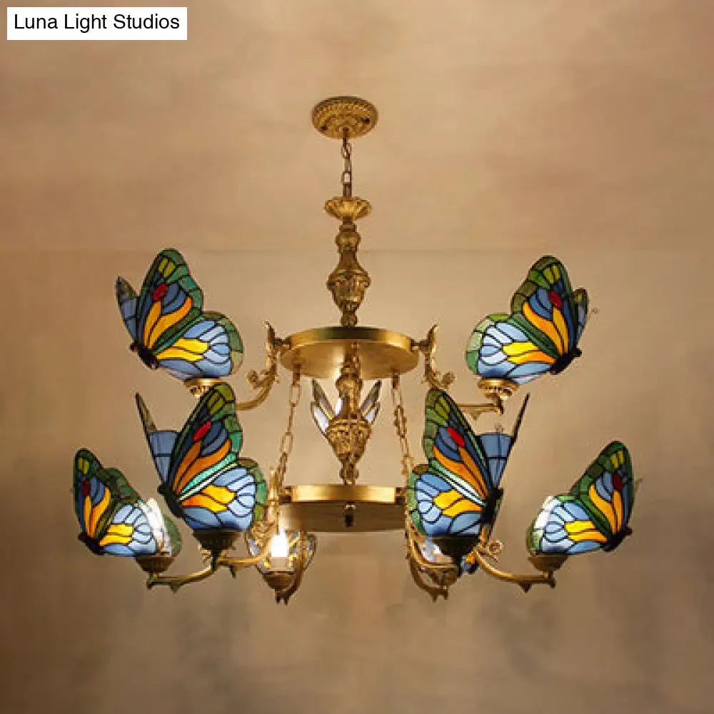 Rustic Lodge Butterfly Chandelier: 9-Light Stained Glass Pendant in Red/Blue for Foyer