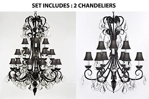 Set Of 2 - 1-Wrought Iron Chandelier With Black Shades H50" X W30" And Wrought Iron Empress Crystal (Tm) Chandelier With Black Shades H 30" X W 26" - 1Ea-B12/724/24 1Ea-B12/724/6 3-Blkshd