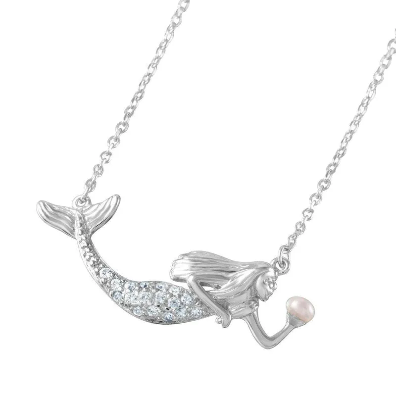 Silver 925 Rhodium Plated Clear CZ and Pearl Mermaid Necklace