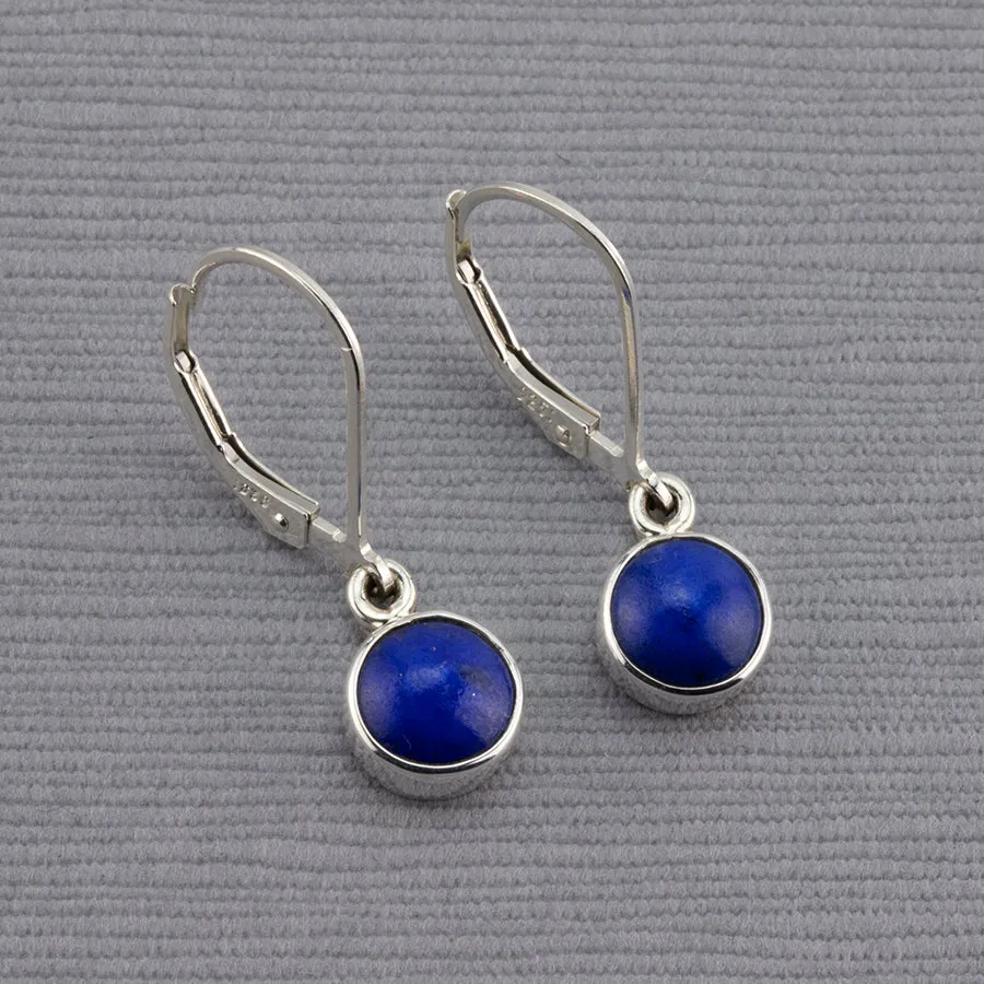 Small Round Lapis Leverback Drop Earrings