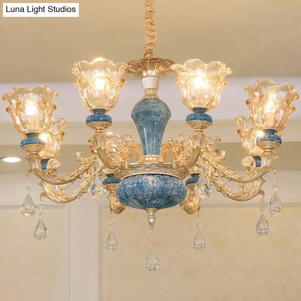 Swooping Arm Pendant Chandelier: Rustic Metal Gold Ceiling Light with Clear Textured Glass Shade