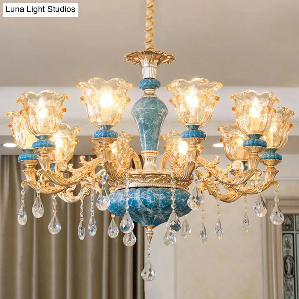 Swooping Arm Pendant Chandelier: Rustic Metal Gold Ceiling Light with Clear Textured Glass Shade