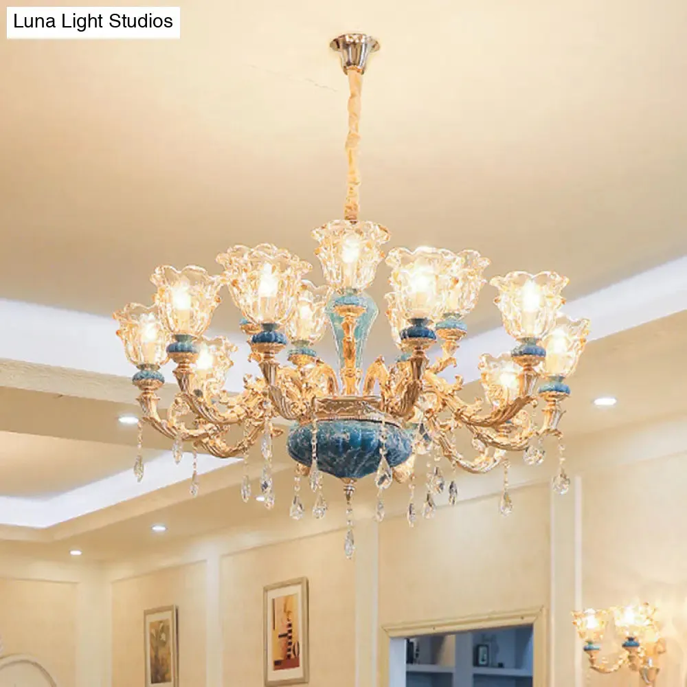 Swooping Arm Pendant Chandelier: Rustic Metal Gold Ceiling Light with Clear Textured Glass Shade