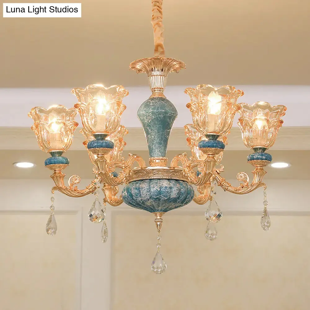 Swooping Arm Pendant Chandelier: Rustic Metal Gold Ceiling Light with Clear Textured Glass Shade