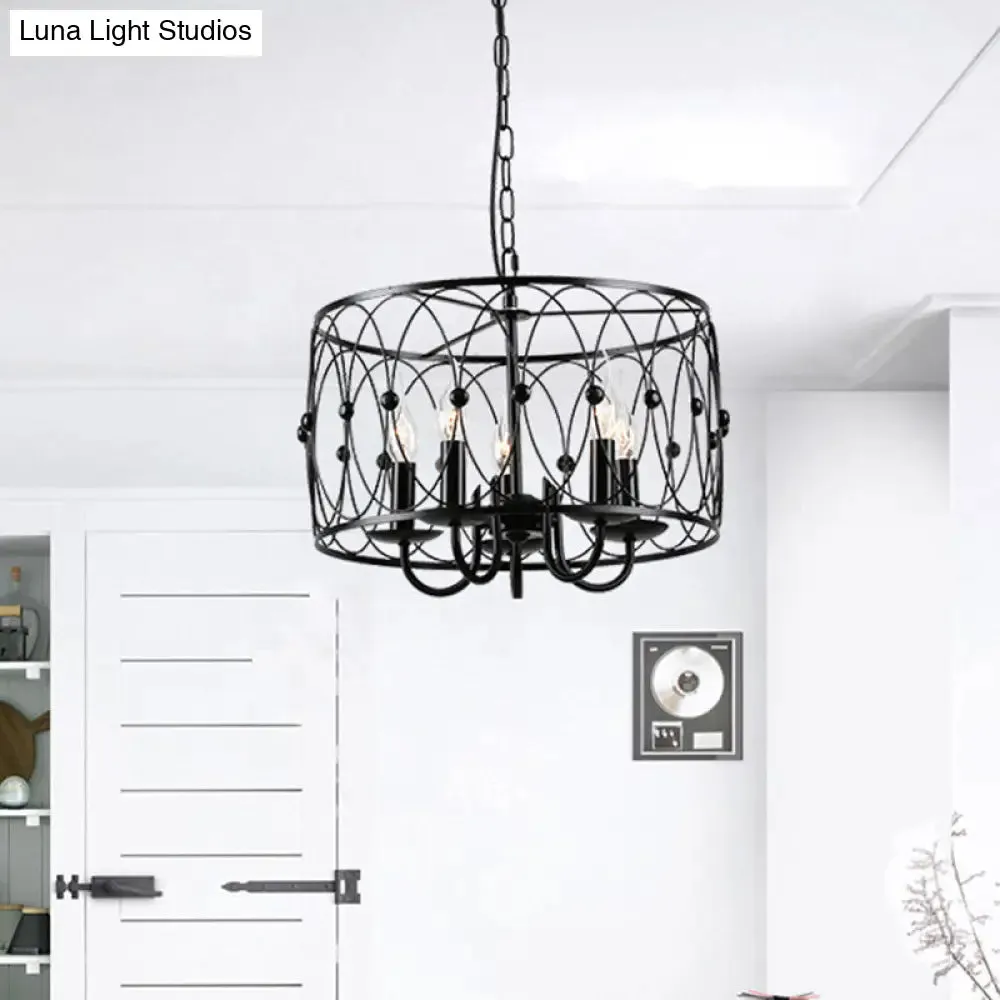 Vintage Black Metal Drum Hanging Light with Cage Shade - 6 Head Dining Room Chandelier Lamp