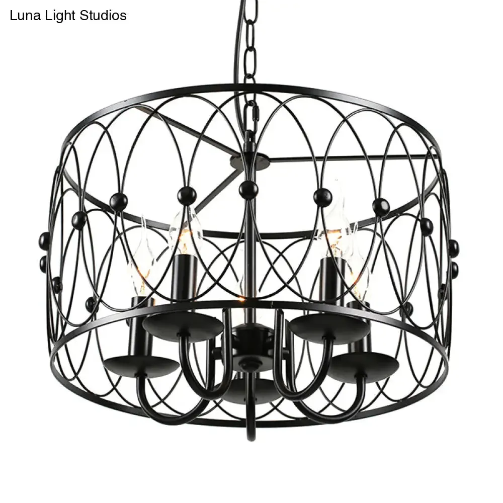 Vintage Black Metal Drum Hanging Light with Cage Shade - 6 Head Dining Room Chandelier Lamp