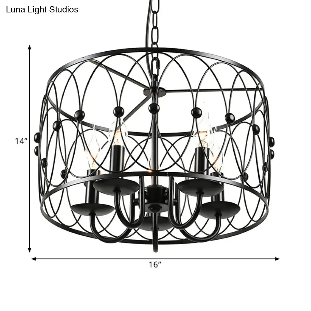 Vintage Black Metal Drum Hanging Light with Cage Shade - 6 Head Dining Room Chandelier Lamp