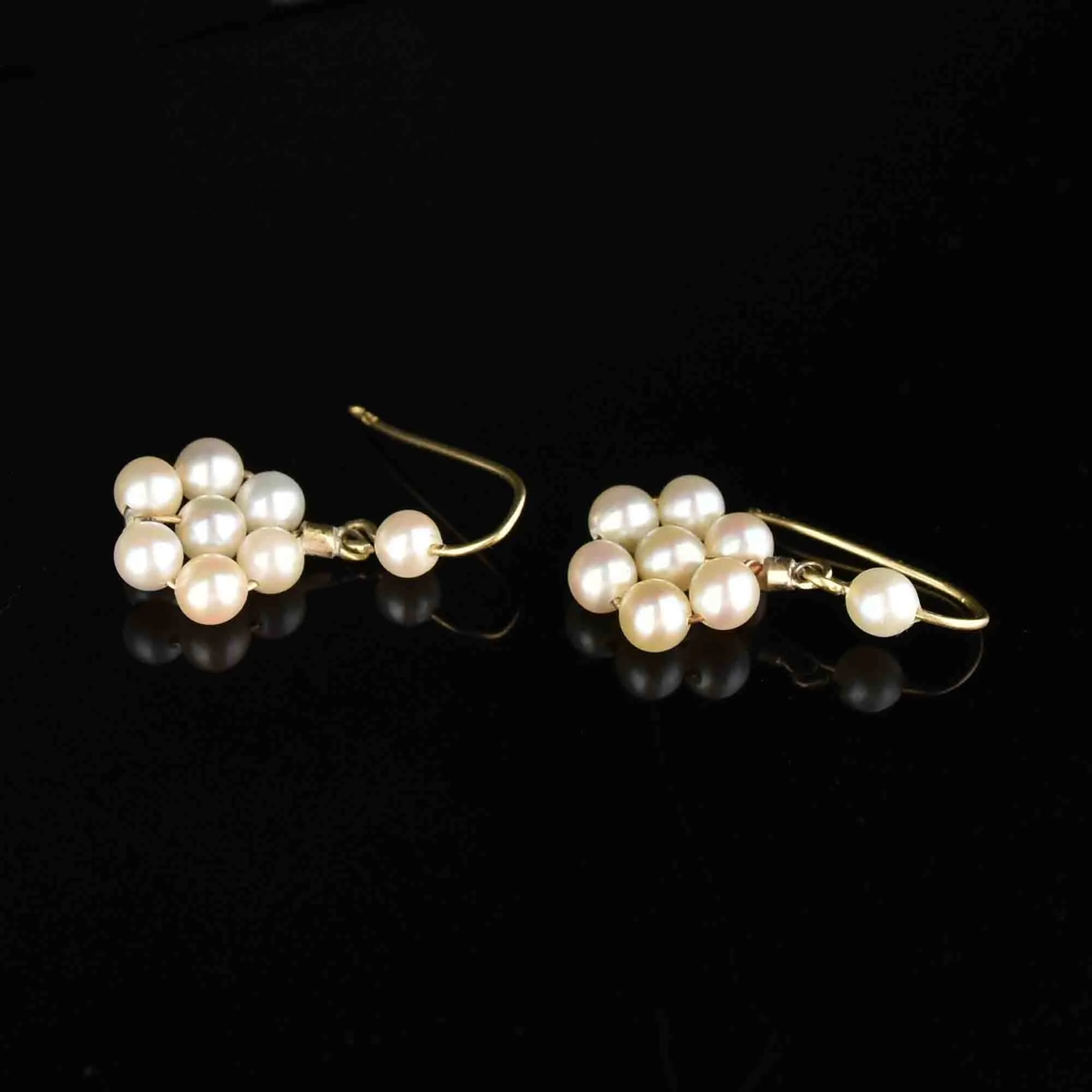 Vintage Gold Pearl Flower Cluster Dangle Earrings