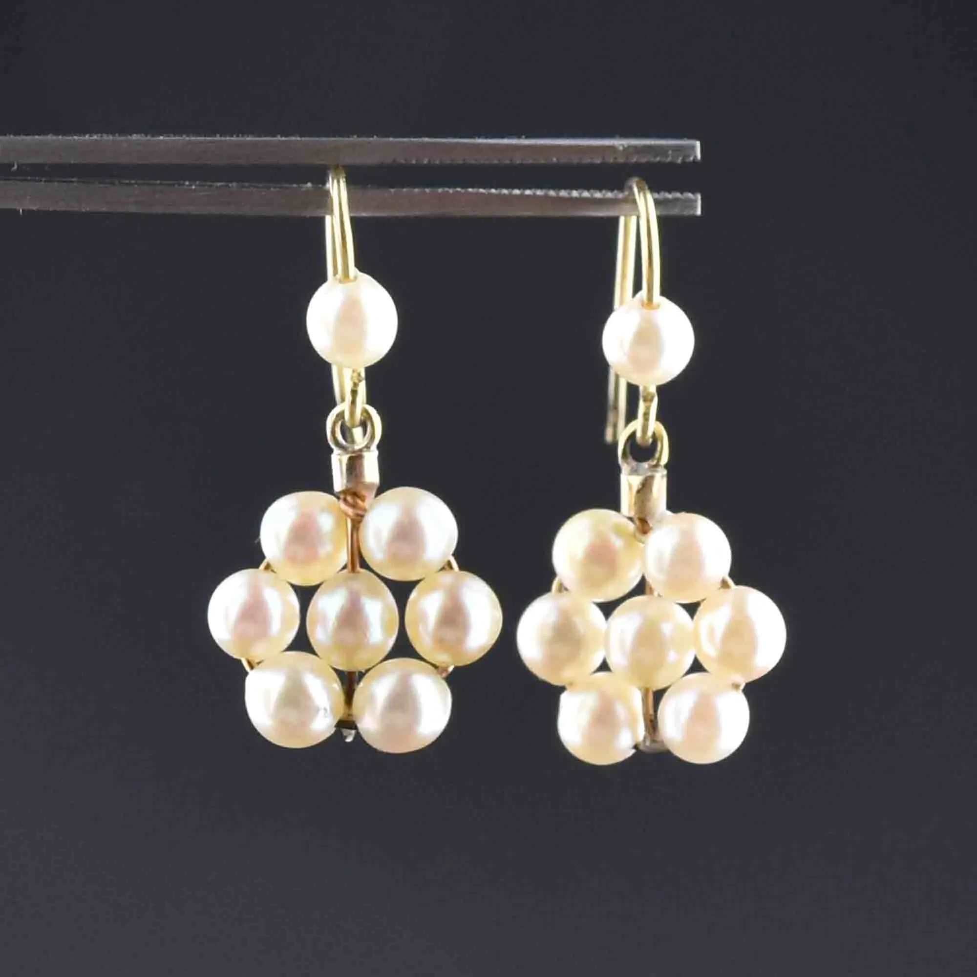 Vintage Gold Pearl Flower Cluster Dangle Earrings