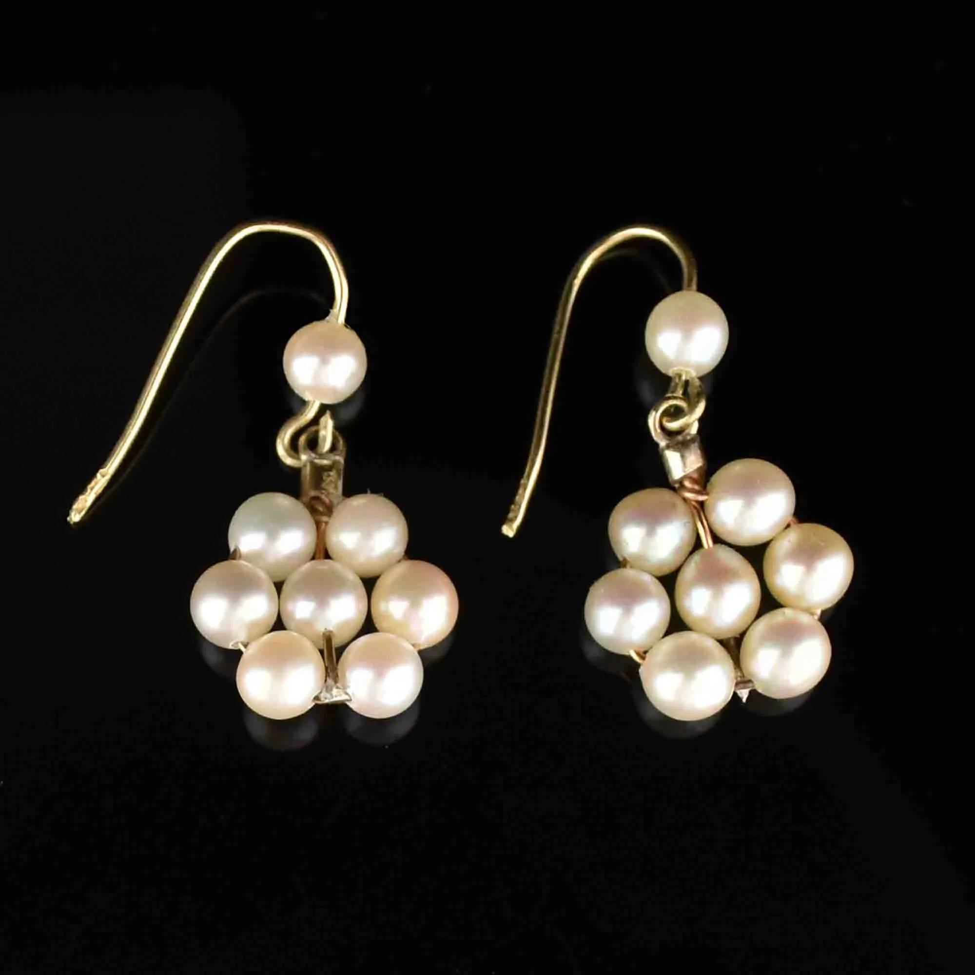 Vintage Gold Pearl Flower Cluster Dangle Earrings