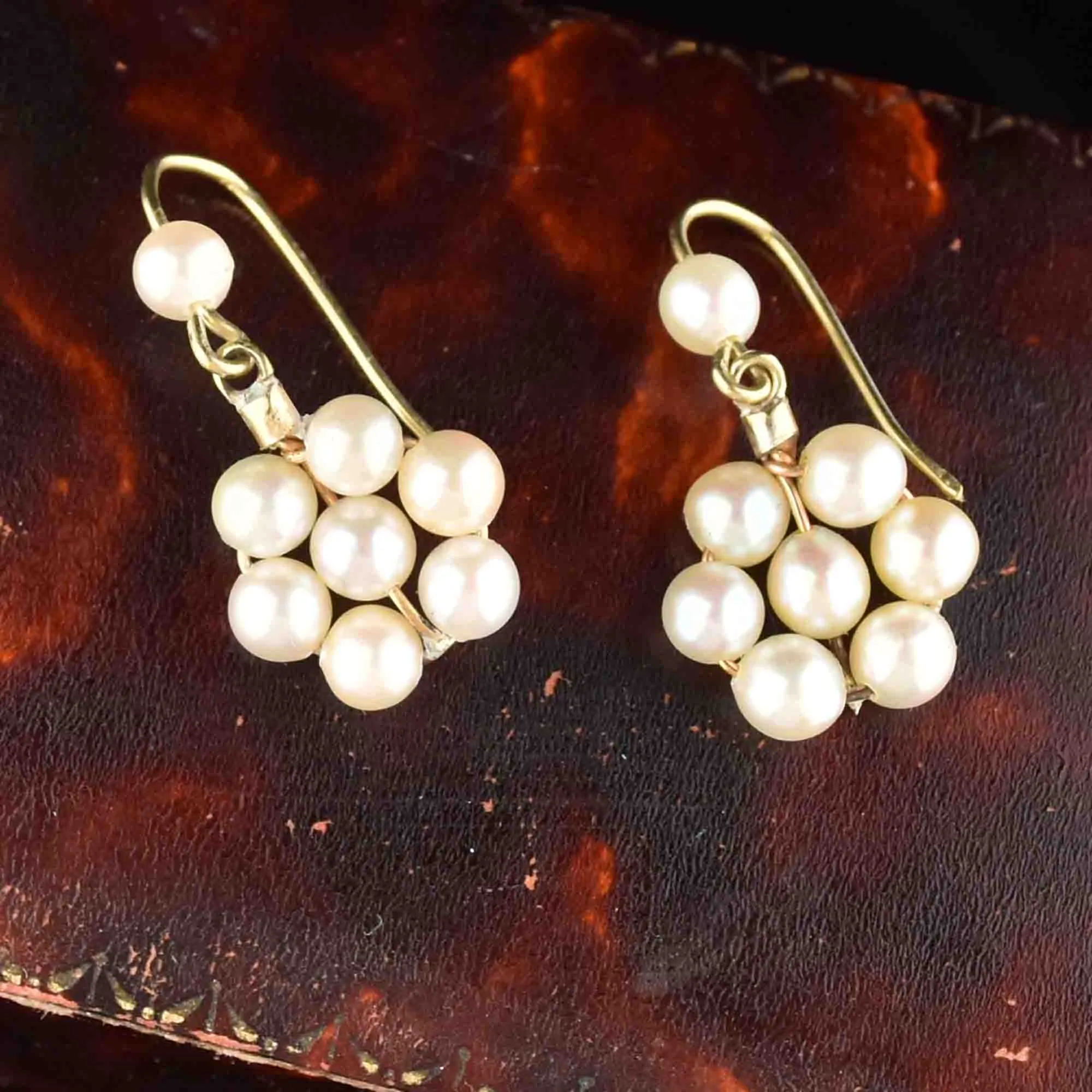 Vintage Gold Pearl Flower Cluster Dangle Earrings