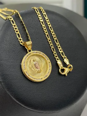 Virgen de Guadalupe Necklace Round CZ Pendant 23x20mm 14K Gold Filled Figaro Chain