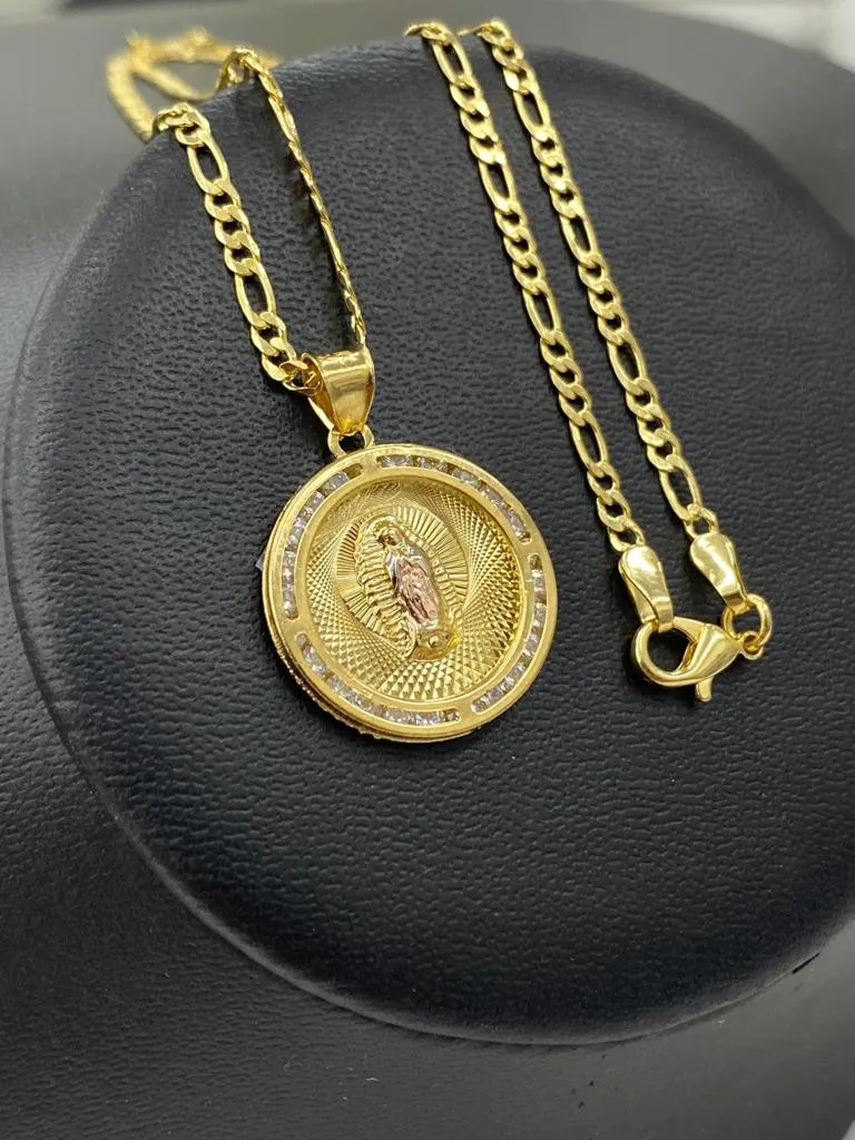 Virgen de Guadalupe Necklace Round CZ Pendant 23x20mm 14K Gold Filled Figaro Chain