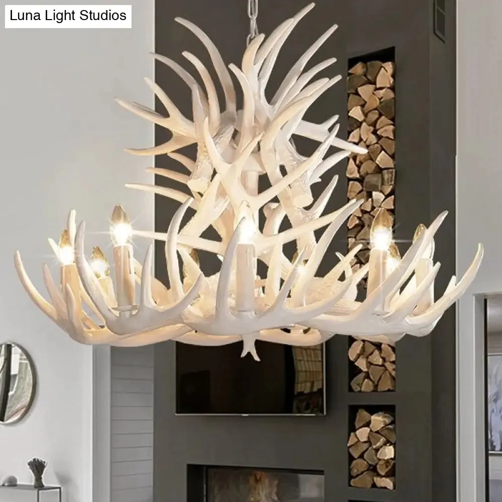 White Antler Chandelier Lighting Rustic Resin 21.5"/25.5"/27.5" Wide 9/12 Heads Living Room Ceiling Hang Fixture