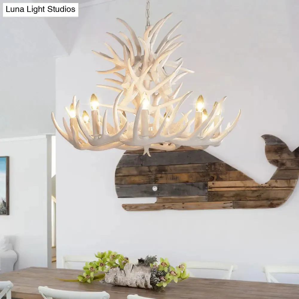 White Antler Chandelier Lighting Rustic Resin 21.5"/25.5"/27.5" Wide 9/12 Heads Living Room Ceiling Hang Fixture