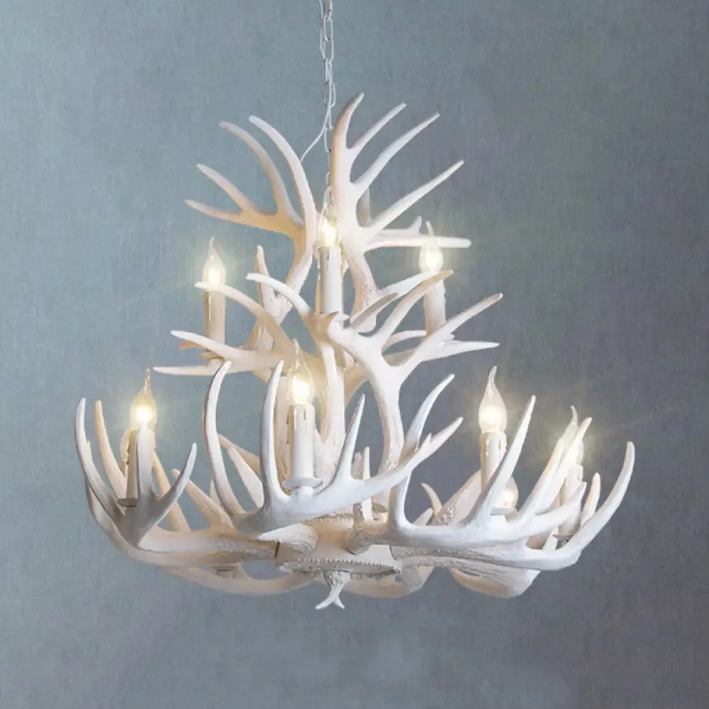 White Antler Chandelier Lighting Rustic Resin 21.5"/25.5"/27.5" Wide 9/12 Heads Living Room Ceiling Hang Fixture