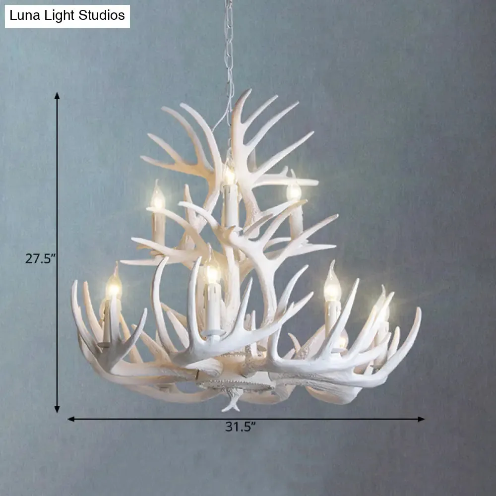 White Antler Chandelier Lighting Rustic Resin 21.5"/25.5"/27.5" Wide 9/12 Heads Living Room Ceiling Hang Fixture