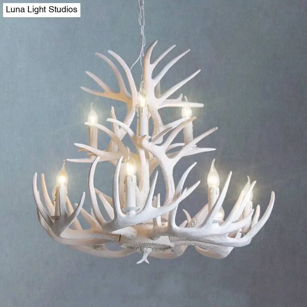 White Antler Chandelier Lighting Rustic Resin 21.5"/25.5"/27.5" Wide 9/12 Heads Living Room Ceiling Hang Fixture