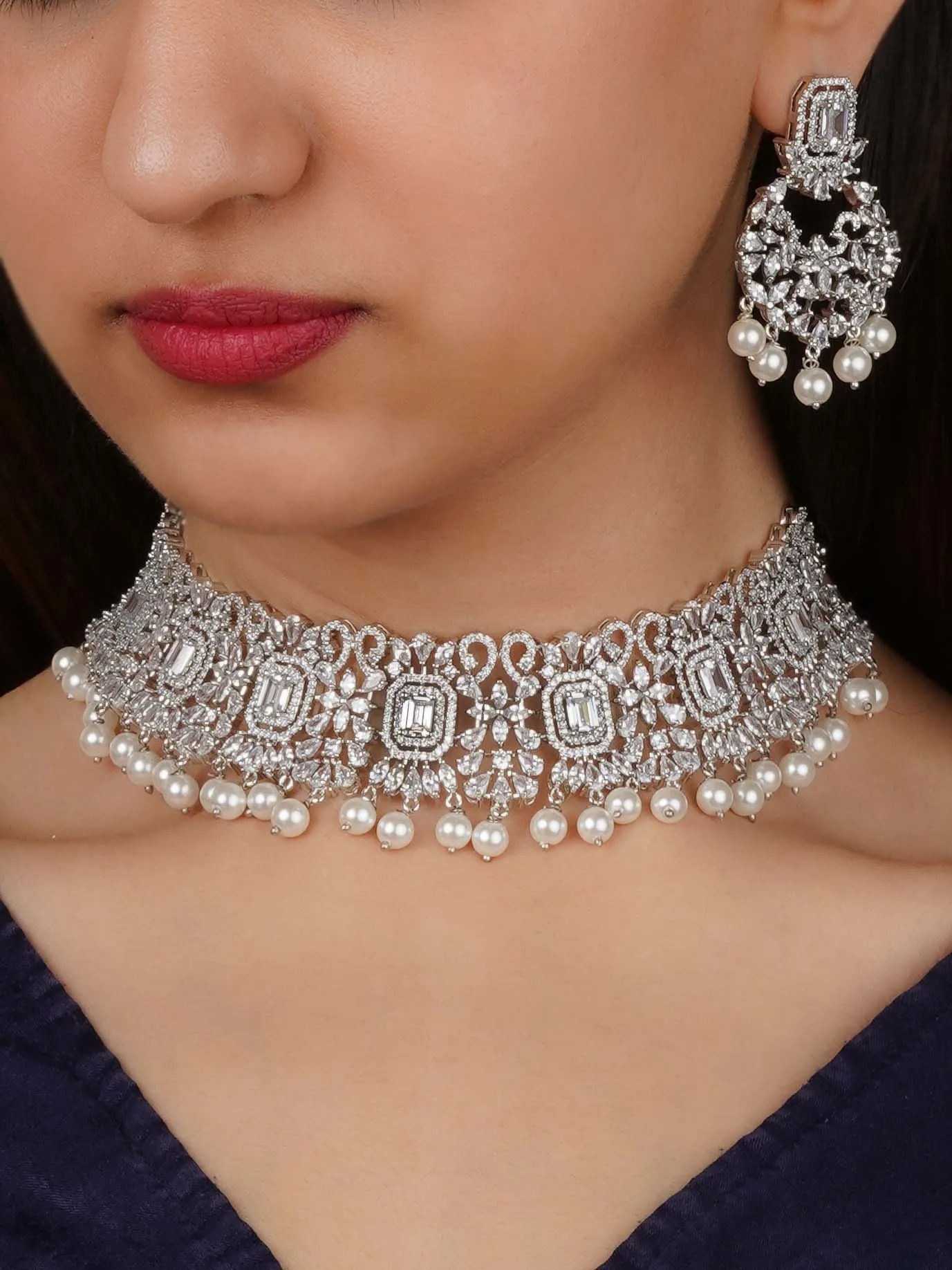 White Color Silver Plated Faux Diamond Bridal Necklace Set - CZSET371