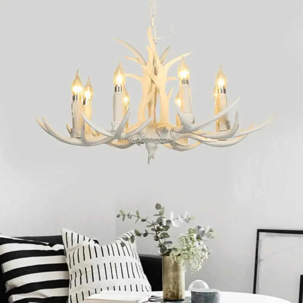 White Resin Hanging Chandelier Candle Pendant Light for Bedroom - 4/8 Bulbs - Traditional Fixture