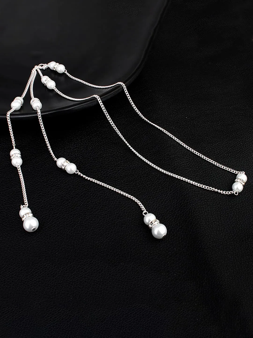 Yellow Chimes Back Necklace For Women Silver Tone Pearl Embellished Back Chain For Women and Girls