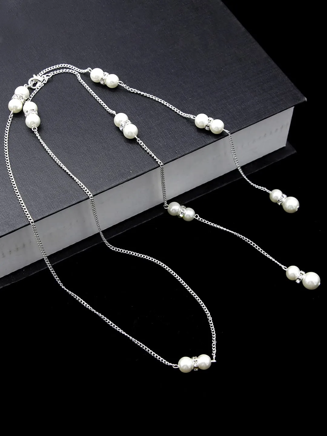 Yellow Chimes Back Necklace For Women Silver Tone Pearl Embellished Back Chain For Women and Girls