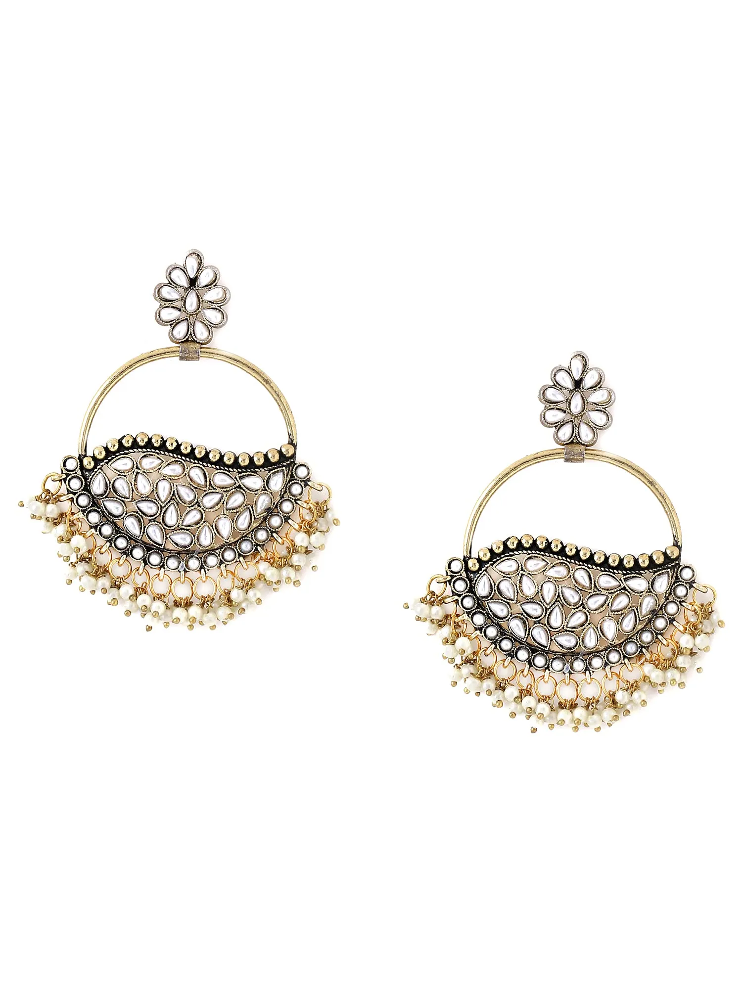 Yellow Chimes Earrings For Women Silver Toned Floral Shaped White Stone and Pearl Studded Chandbali Earrings For Women and Girls