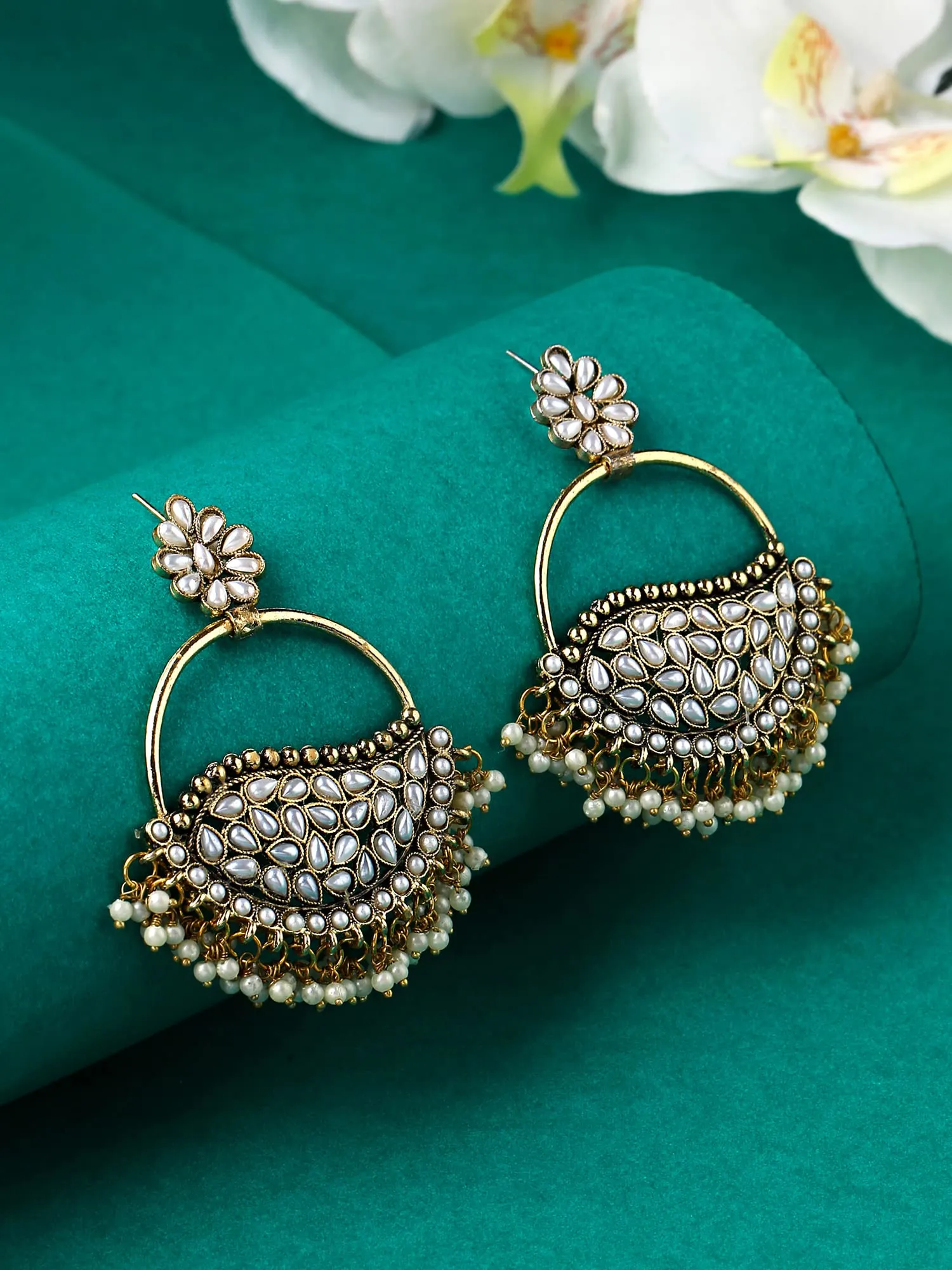 Yellow Chimes Earrings For Women Silver Toned Floral Shaped White Stone and Pearl Studded Chandbali Earrings For Women and Girls