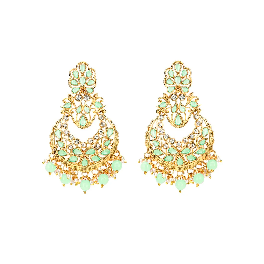 Yellow Chimes Ethnic Gold Plated Studded Stones Green Pearl Chandbali Earrings for Women and Girls, Medium (YCTJER-83STNFLW-GR)