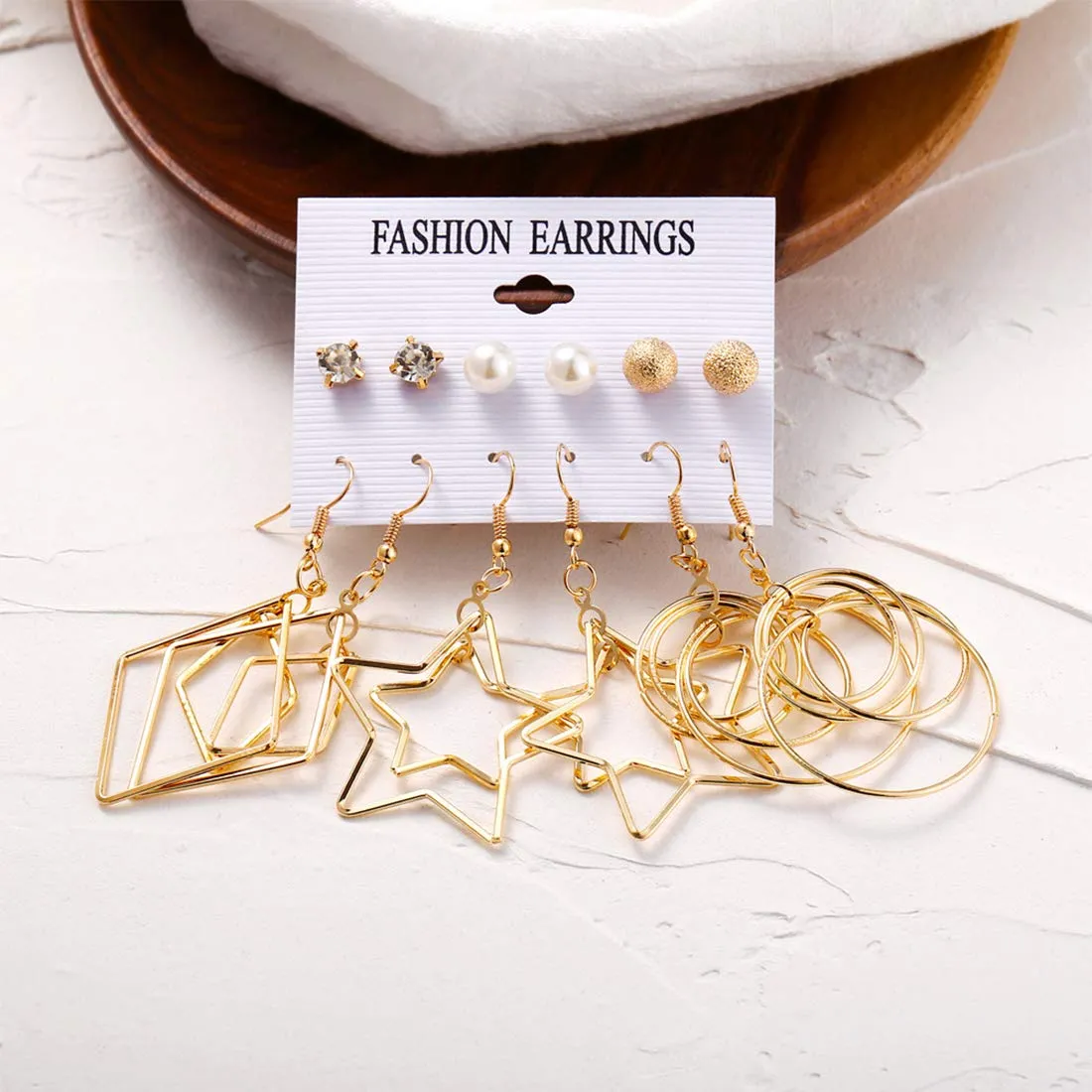 Yellow Chimes Golden Base Metal pearl Multiple Stud Earrings Big Hoop Tassel Drop Pearl Earrings for Women and Girls (Moon & Star, 6 and 9 Pairs Assorted)