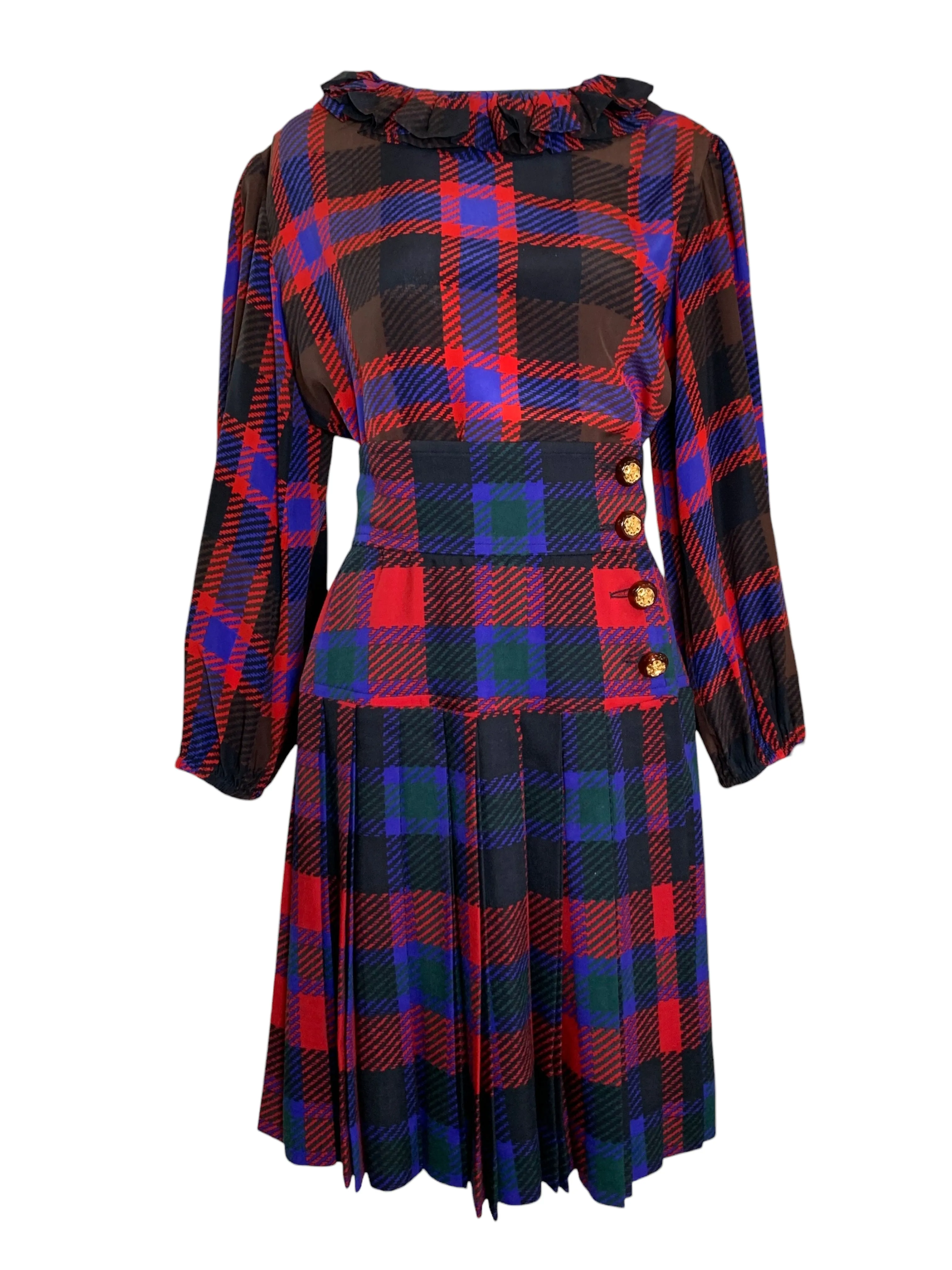 Yves Saint Laurent Rive Gauche Late '70s/ Early '80s Plaid  Silk Blouse   Pleated Wool Skirt Set